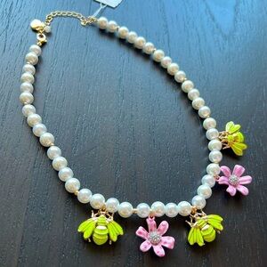NWT Betsey Johnson Faux Pearl Flower Bee Necklace - PINK/GREEN | OS